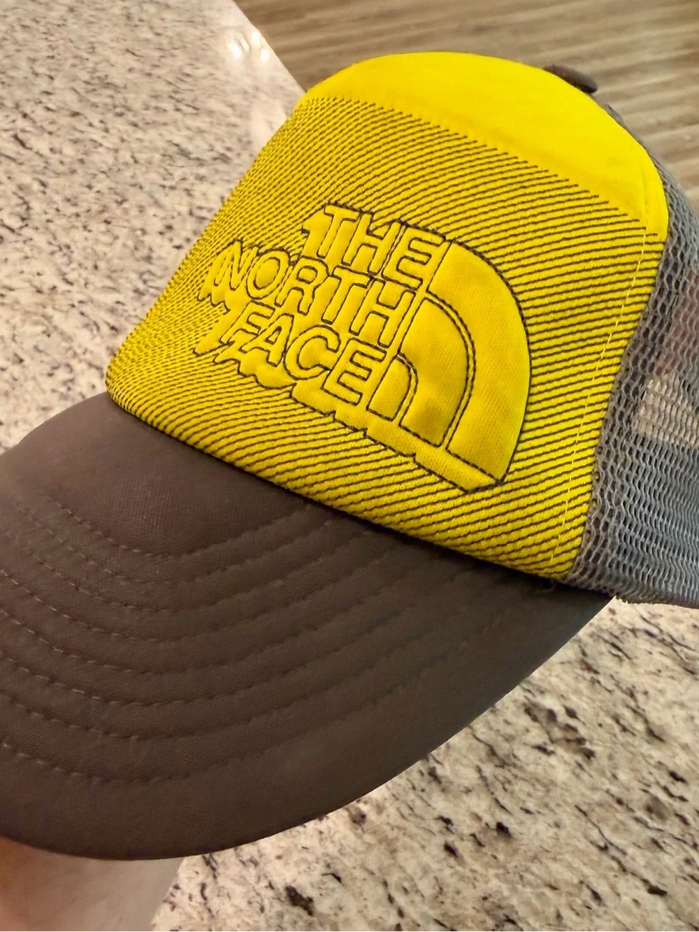 The North Face Cross Stitch Trucker Hat Cap Snapback One Size Yellow Gray